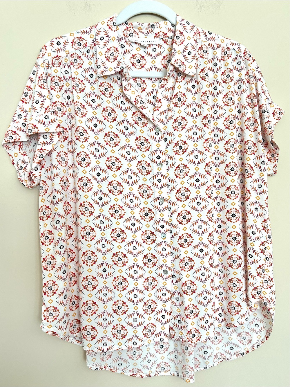 Jane and Delancey Women’s White Button-Down Shirt with Red and Gold Floral Print